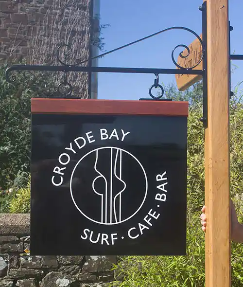 Contemporary Hardwood Header Hanging Sign.