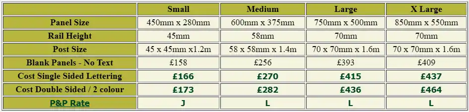 Price list for oak framed entance signs with posts