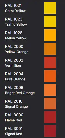 RAL Colours - Oranges and Reds