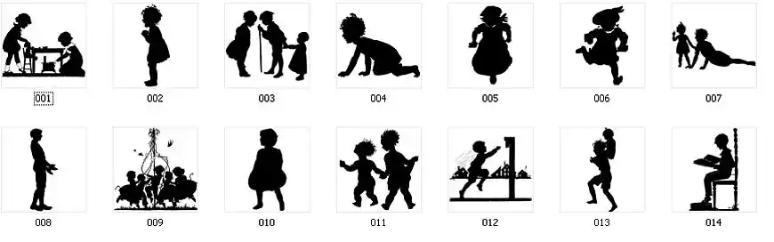Vintage silhouette images of children, child on rocking horse, children playing, child reading, children maypole dancing