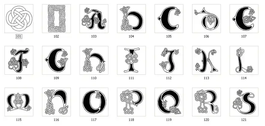 A selection of Celtic letters featuring Celtic knots