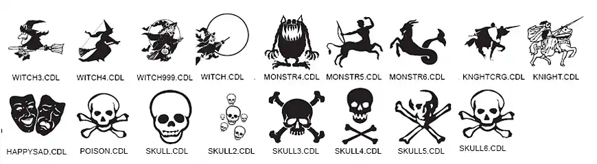 A collection of various fantasy images including witches, witch on broomstick, skull and crossbones, knights and monsters