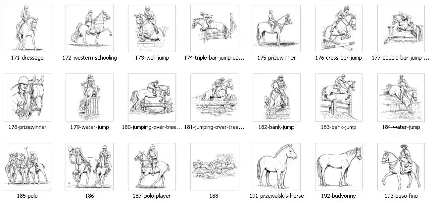Traditional images of horses, in a sketch or drawing style