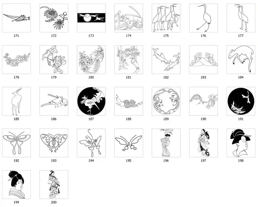 A collection of Japanese designs, deer, birds, flowers, face, butterfly