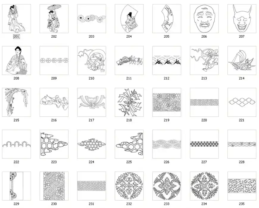 A collection of Japanese designs, people, costume, face, pattern