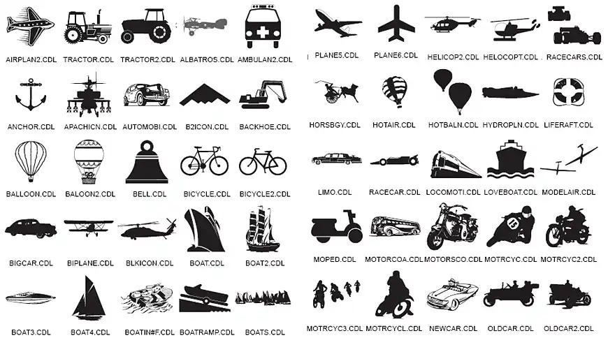 Transport images, locomotive, boat, bicycle, tractor, car, aeroplane, hot air balloon
