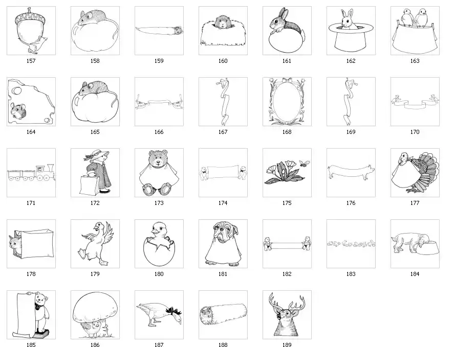 Fun animal illustrations, mouse, rabbit, pig, turkey, duck, goose, stag
