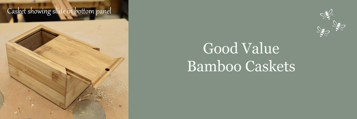 Bamboo Caskets with lasered wording on the casket, made at The Sign Maker.