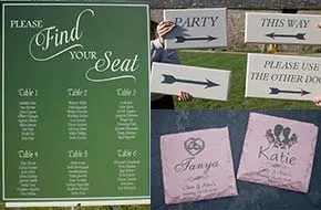 Wedding signs, name table settings, save the date magnets & more