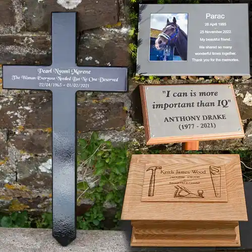 Memorial plaques, stone tablets, wooden crosses, pet memorials and more.