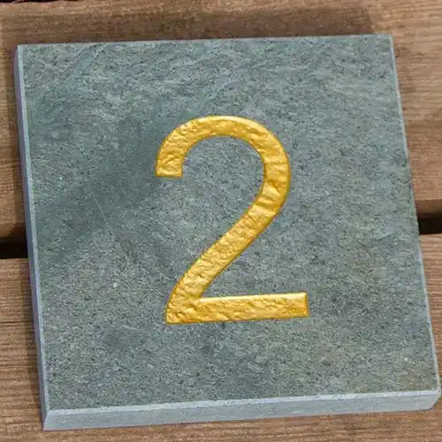 Green Lakeland slate number sign with gold painted number. Slate Number Sign