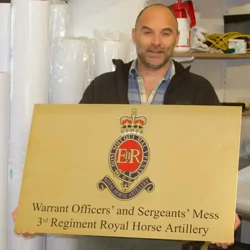 Large engraved brass sign with several colours. Large Engraved Brass Sign