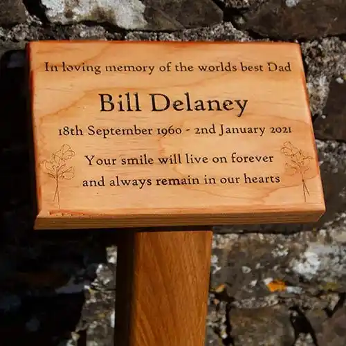 Douglas Fir memorial plaque on a post. Douglas Fir Memorial Plaque