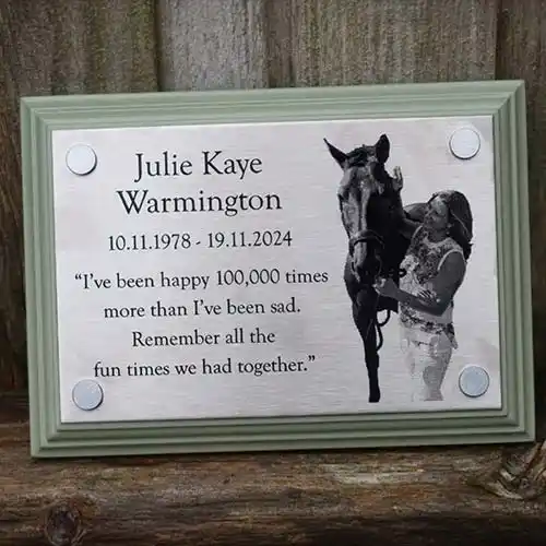Plaque mounted on a painted backing board - Lichen Etched Stainless Steel Memorial Plaque