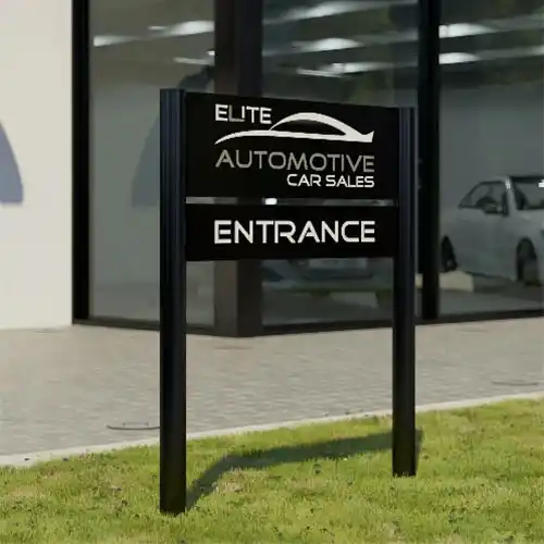 These is a variety of panel sizes. Black Aluminium Sign on Bullnose Posts