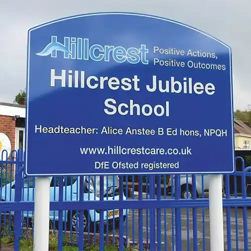 Printed aluminium sign with rear fixing channels on aluminium posts