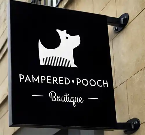 Black panels with white cut vinyl graphics Square Projecting Sign